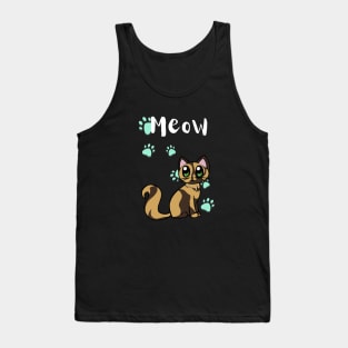 Meow Cute Tortoiseshell Cat With Blue Paw Prints Tank Top
